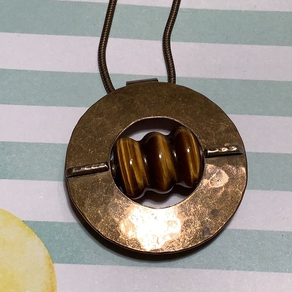 BAER SF (MARJORIE BAER) Handmade Modernist Textured Brass Amber Bead Pendant - Picture 2 of 5